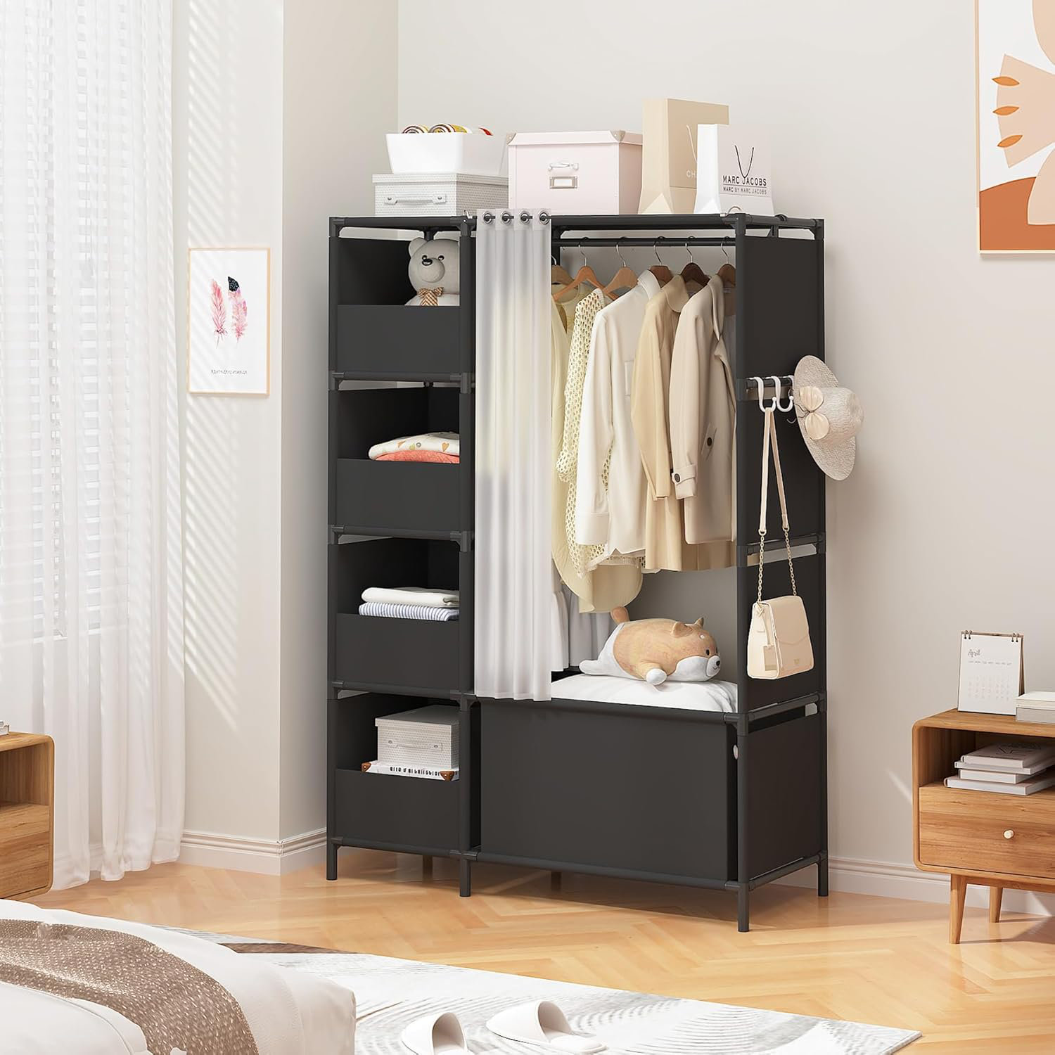 Ebern Designs Portable Closet Free Standing Wardrobe Closet With Hanging Rod And Curtain Clothes Storage Organizer For Cloakroom Bedroom 40.55 X 16.73 X 65.35Inches Black Wayfair